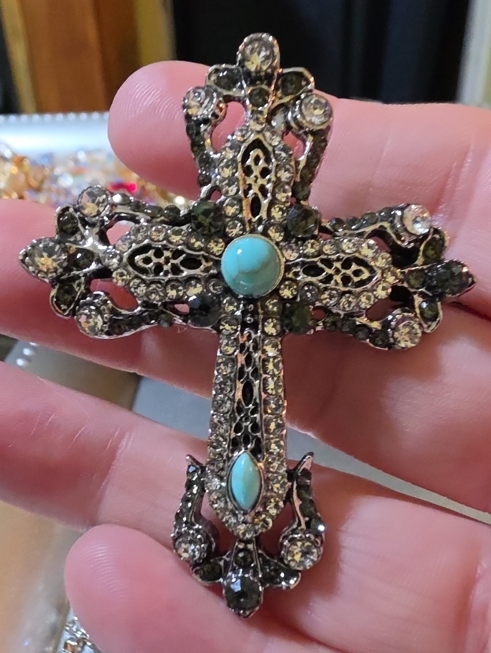 A46- Turquoise Accent Filigree Cross Pendant - Women Jewelry